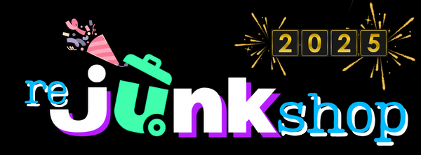 A logo for reJUNKshop’s with fireworks and the new year with its dent 