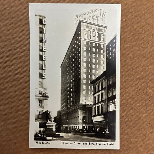 'Chestnut St. & Benj. Franklin Hotel' Post Card; K.F. Lutz, 1938 - reJUNKshop